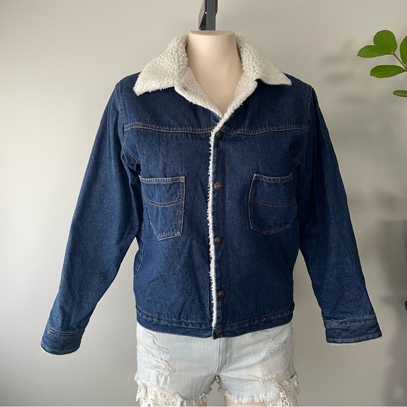 Vintage Sherpa Fleece Lined Denim Jacket Button Down Dark Medium Wash Size Small - Picture 12 of 12